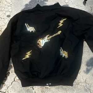 Vintage rock & roll sequin bomber jacket guitar piano lightning patchwork sz Med